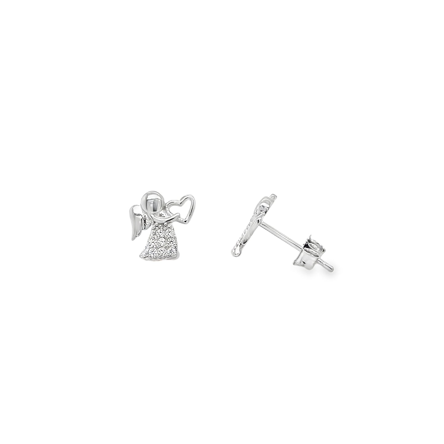 Sterling Silver CZ Pave Angel With Heart Earrings