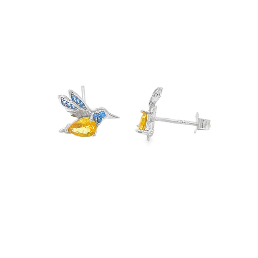 Sterling Silver CZ Blue & Yellow Humming Bird Earring