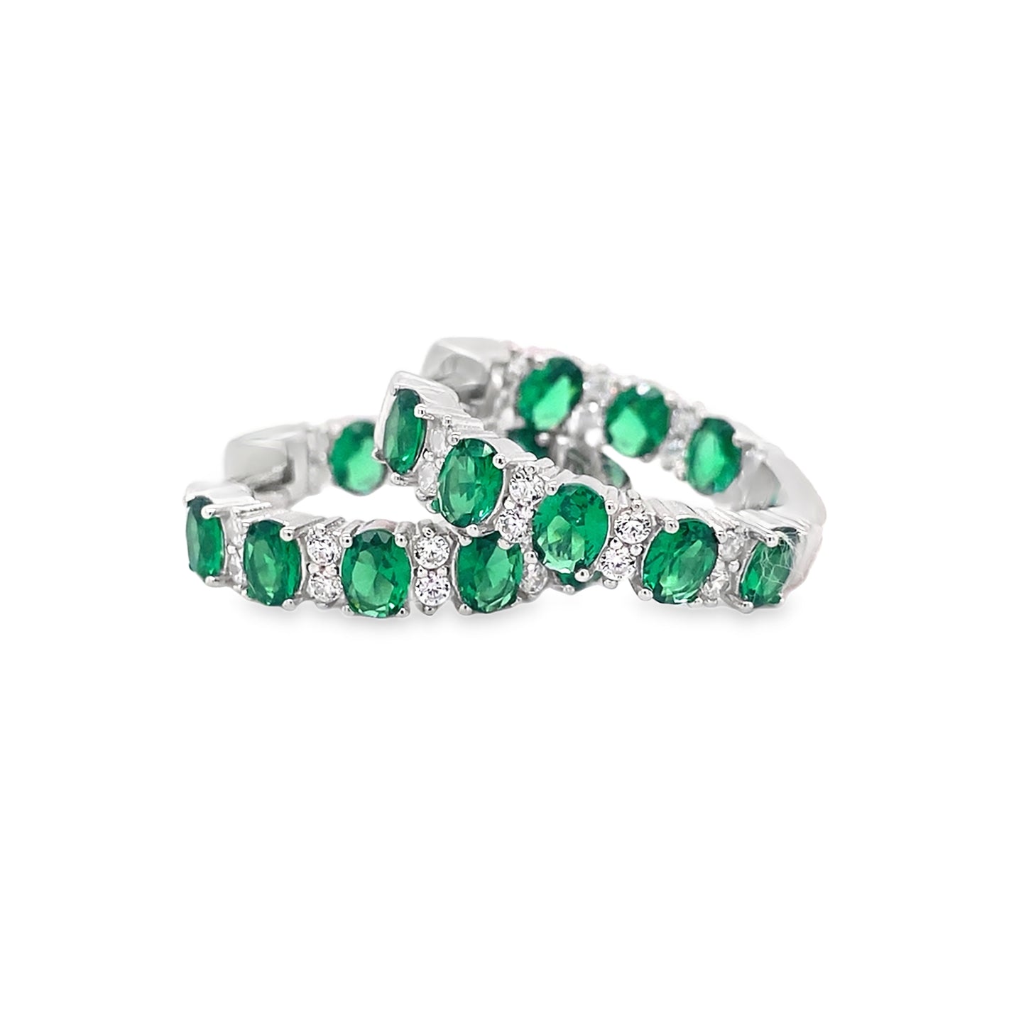 Sterling Silver CZ White & Green Stone Set 20mm Hoop
