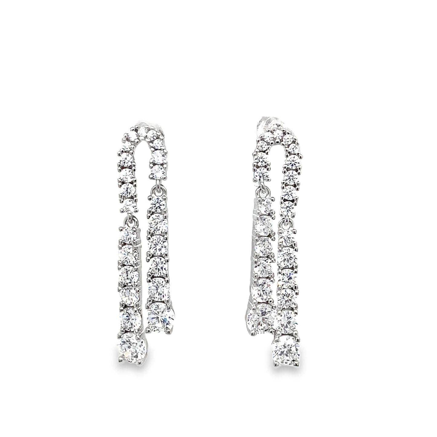 Sterling Silver CZ 2 Row Line Drop Earrings