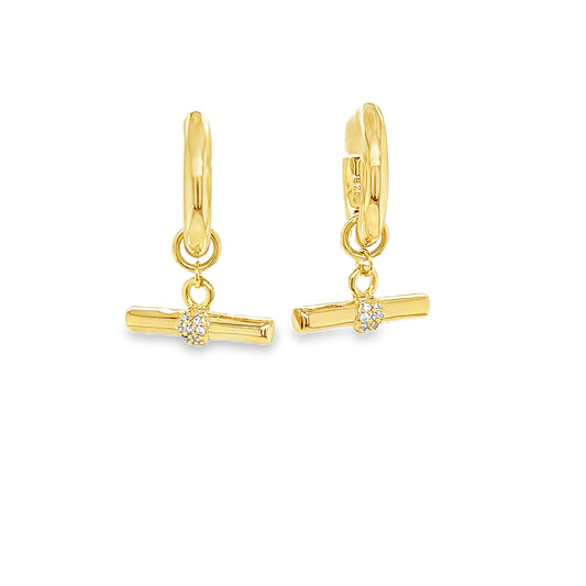 Sterling Silver Gold Plated CZ T-Bar Drop Huggie Earrings
