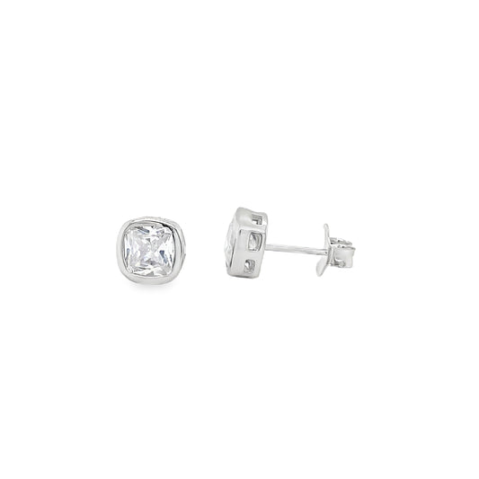 Sterling Silver CZ 7mm Rubover Square Stud Earrings