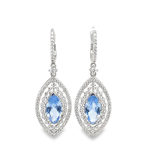 Sterling Silver CZ Blue & White Fancy Maquise Cluster Earrings