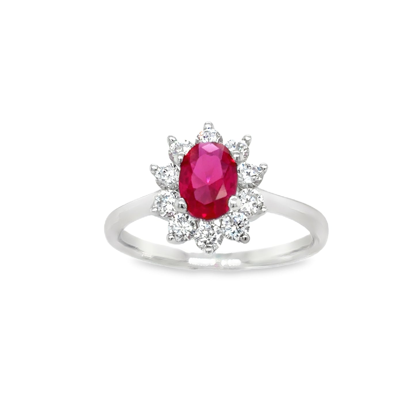 Sterling Silver Cubic Zirconia/Red Flower Cluster Ring