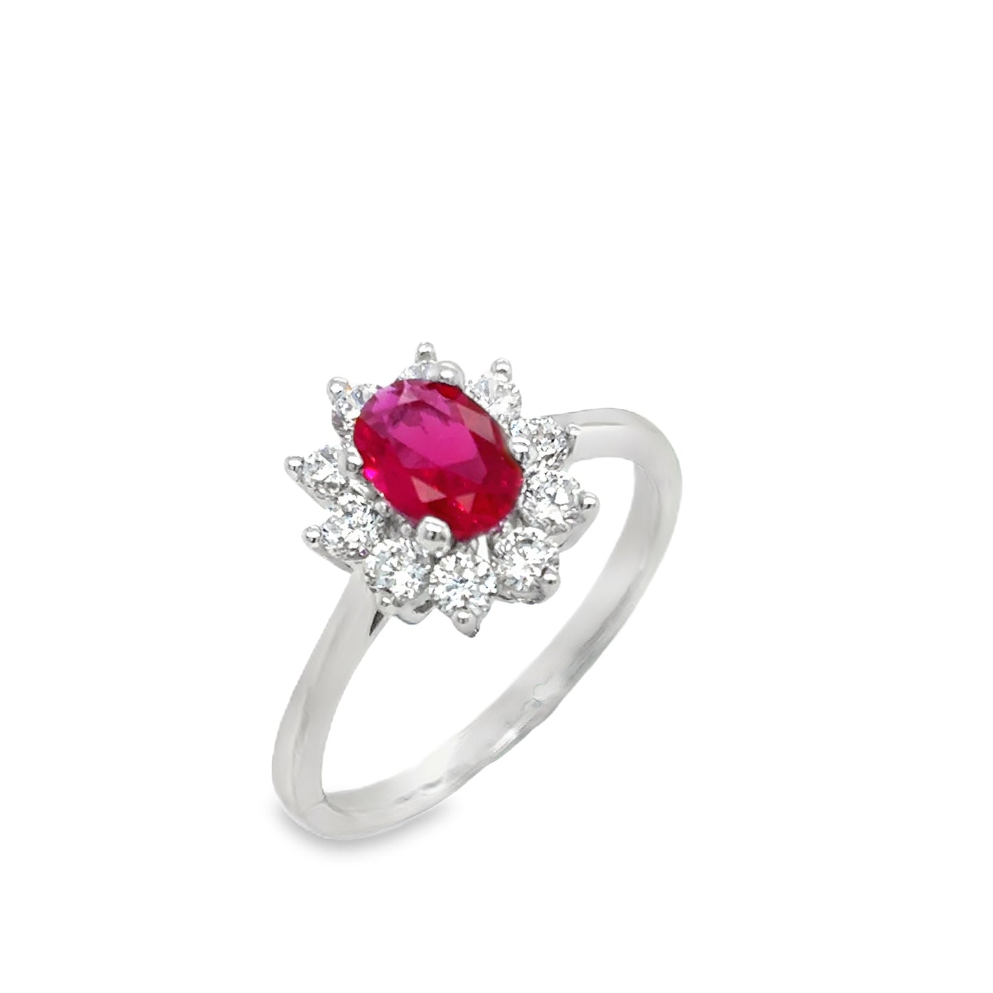 Sterling Silver Cubic Zirconia/Red Flower Cluster Ring