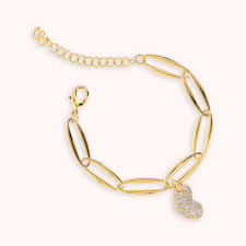Bronzeallure Gold Plated Open Oval Link Bracelet With CZ Pave Heart