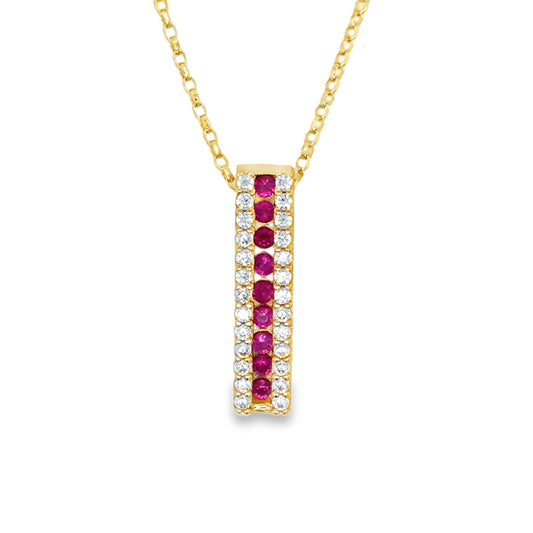 9ct Cubic Zirconia & Red 3 Row Vertical Bar Pendant