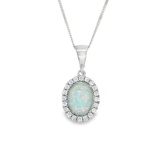 9ct White Gold Round Opal Pendant With CZ Halo