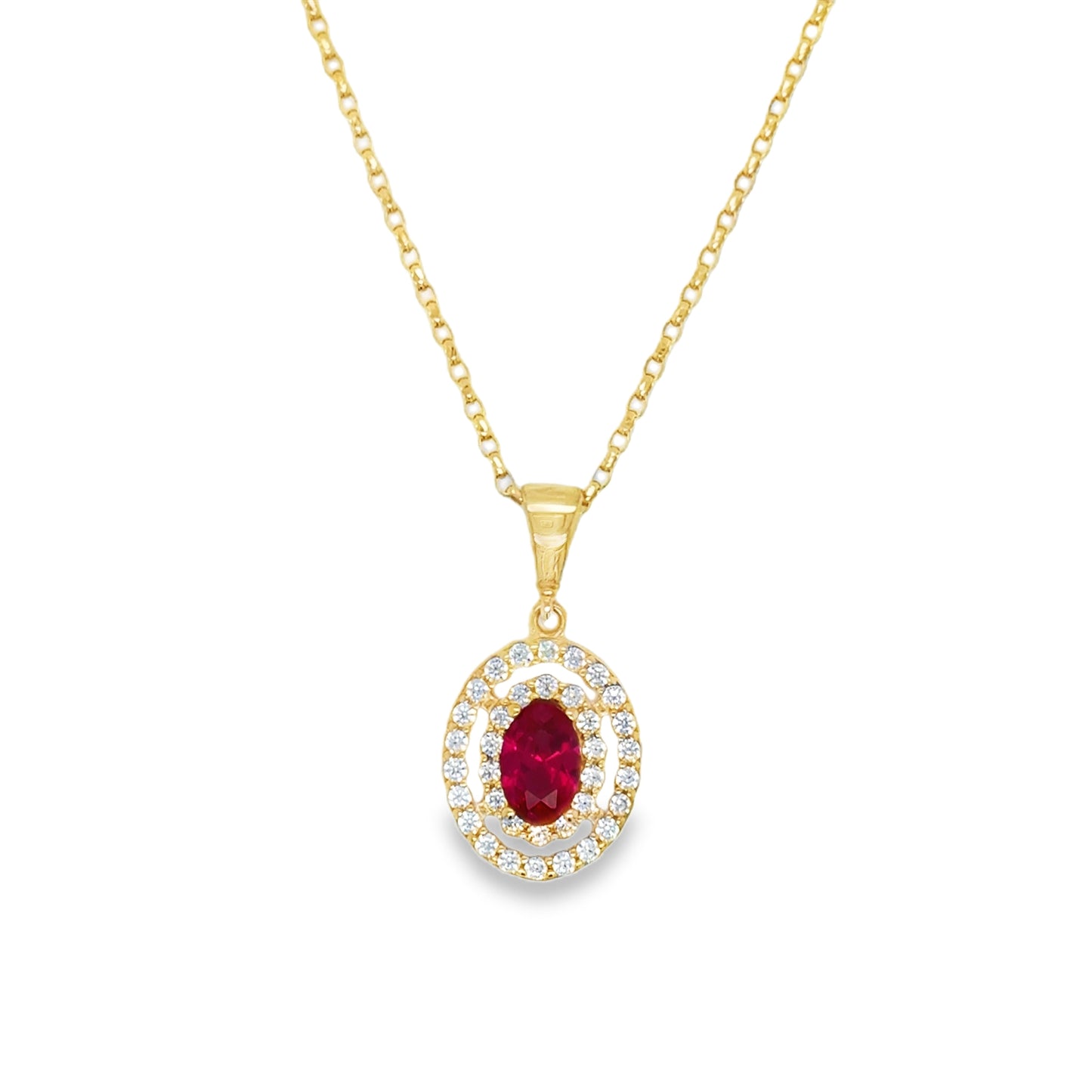 9ct White & Red Cubic Zirconia Oval Pendant With Double Halo