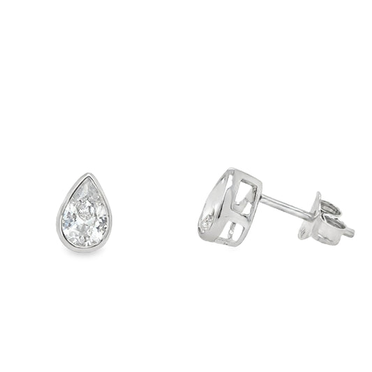 9ct White Gold Rubover CZ Pear Stud Earrings