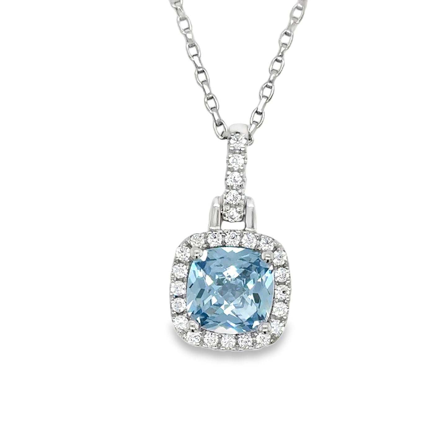 Sterling silver Cushion Cut Blue CZ Pendant with CZ Halo and Baile