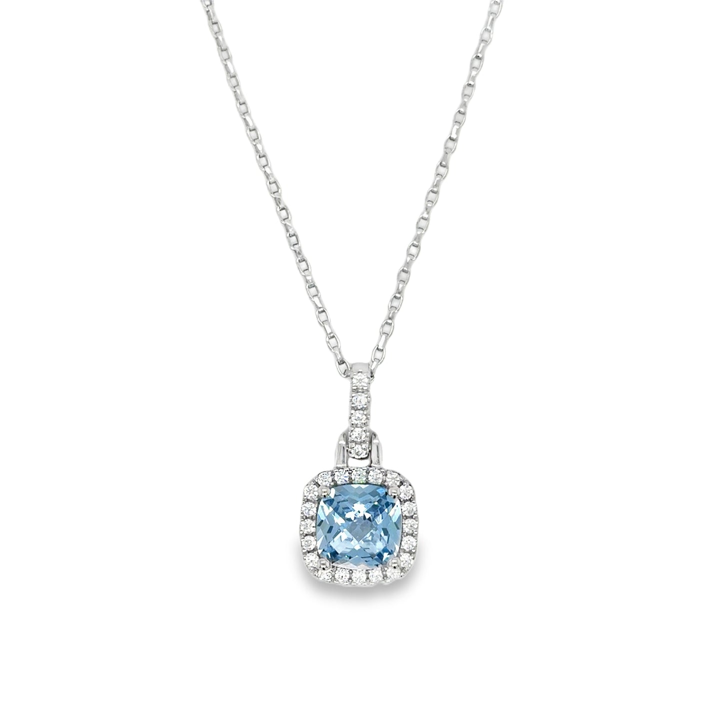 Sterling silver Cushion Cut Blue CZ Pendant with CZ Halo and Baile