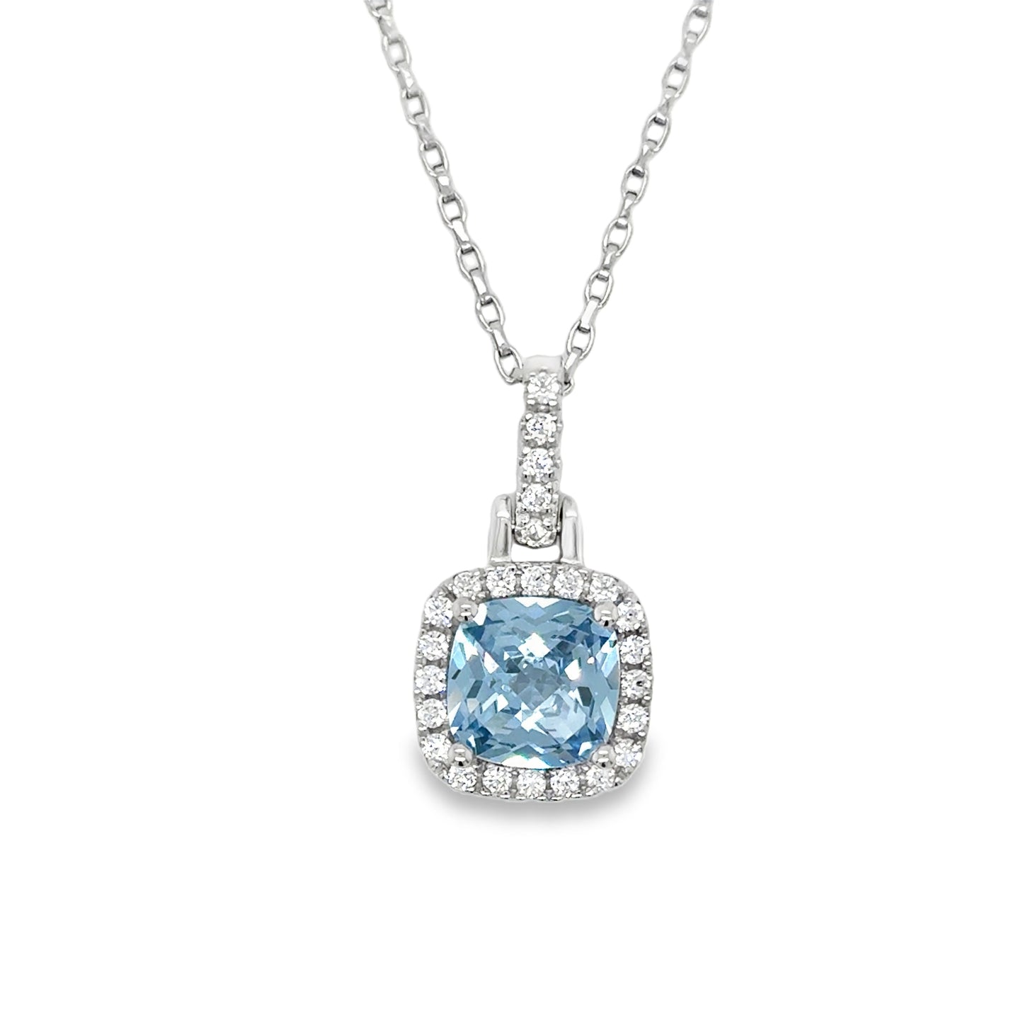 Sterling silver Cushion Cut Blue CZ Pendant with CZ Halo and Baile