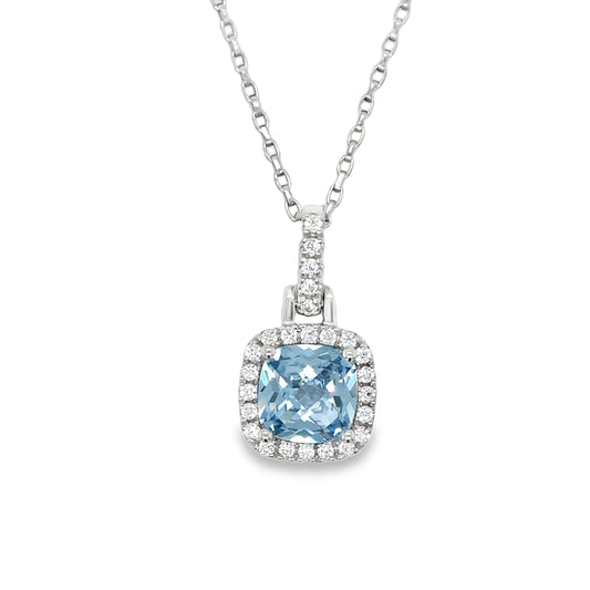 Sterling silver Cushion Cut Blue CZ Pendant with CZ Halo and Baile