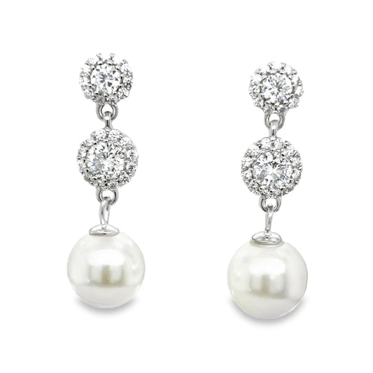Sterling Silver 7mm Synthetic Pearl and CZ Cluster Drop Earrings