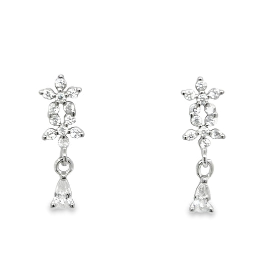 Sterling Silver CZ Flower Drop Earrings