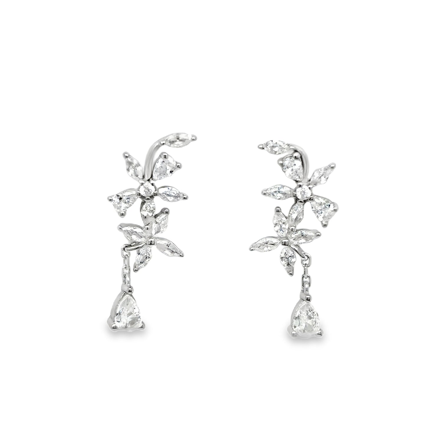 Sterling Silver Fancy CZ Flower Drop Earrings