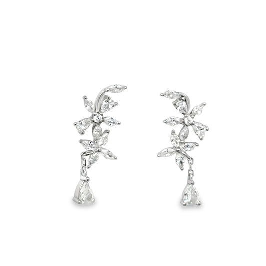 Sterling Silver Fancy CZ Flower Drop Earrings