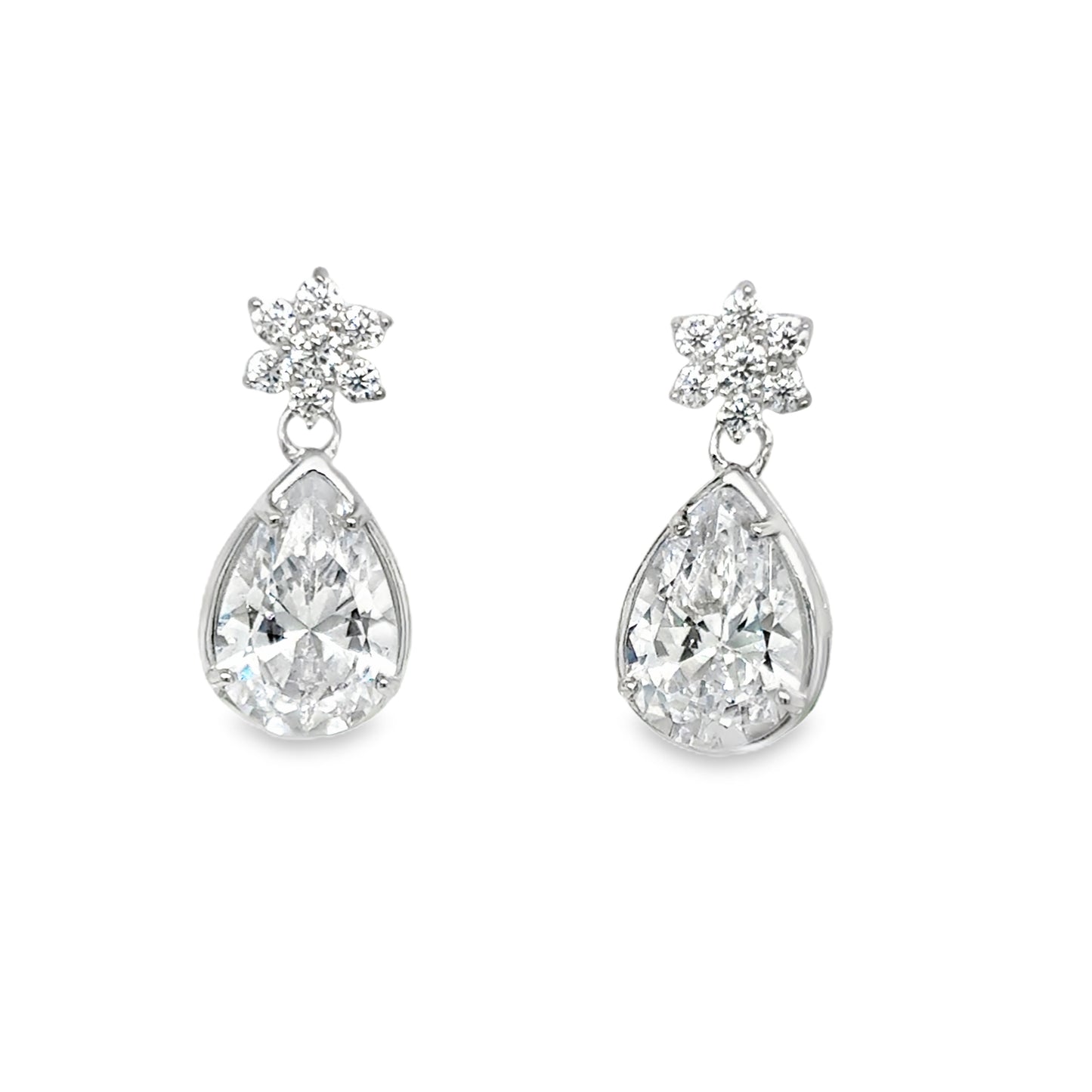 Sterling Silver Flower Cluster and Rubover Pear Drop Earrings