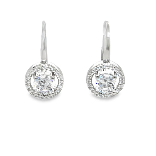 Sterling Silver Round CZ Cluster Hinge Drop Earrings