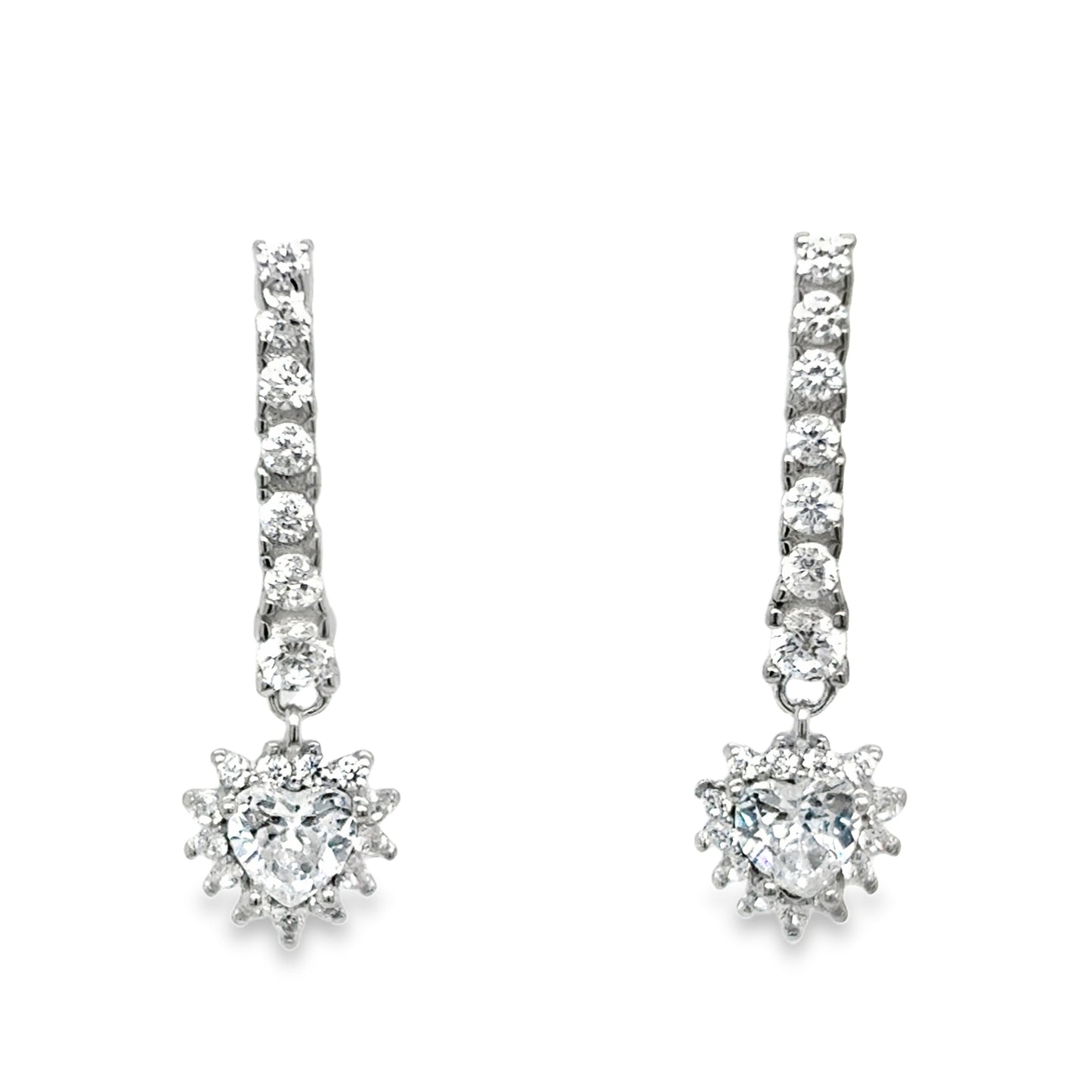 Sterling Silver CZ Bar and Heart Cluster Drop Earrings