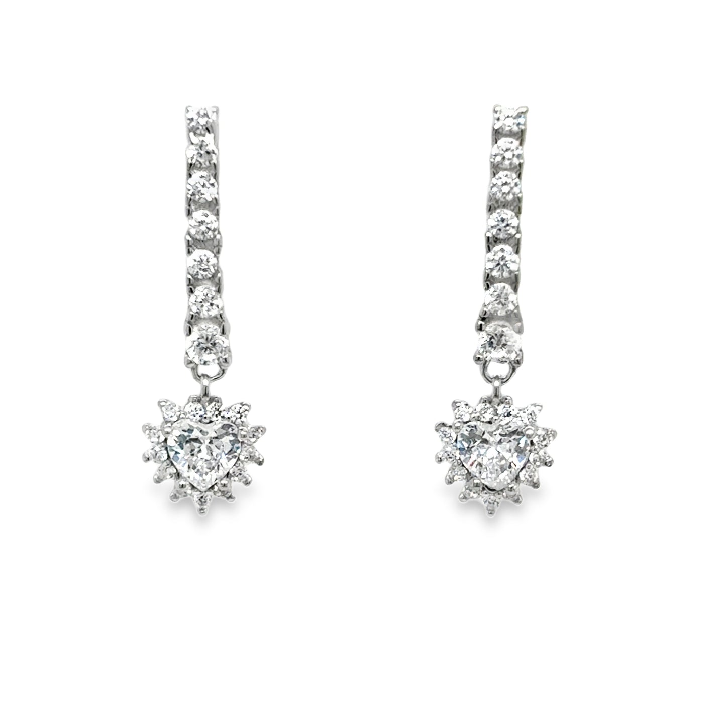 Sterling Silver CZ Bar and Heart Cluster Drop Earrings