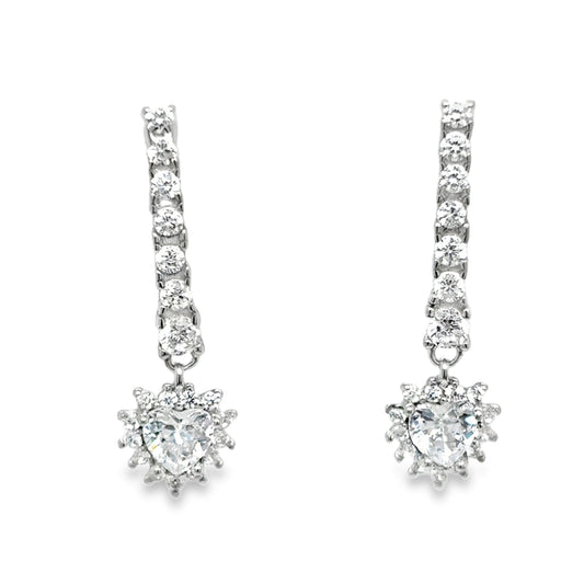 Sterling Silver CZ Bar and Heart Cluster Drop Earrings