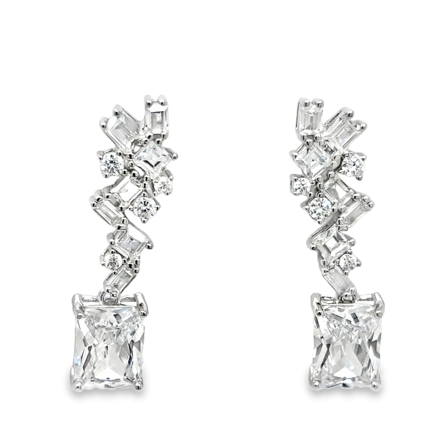 Sterling Silver Multi CZ Emerald Cut Drop Earrings