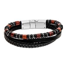 Steelwear Black Leather Steel and Red Bead Bracelet