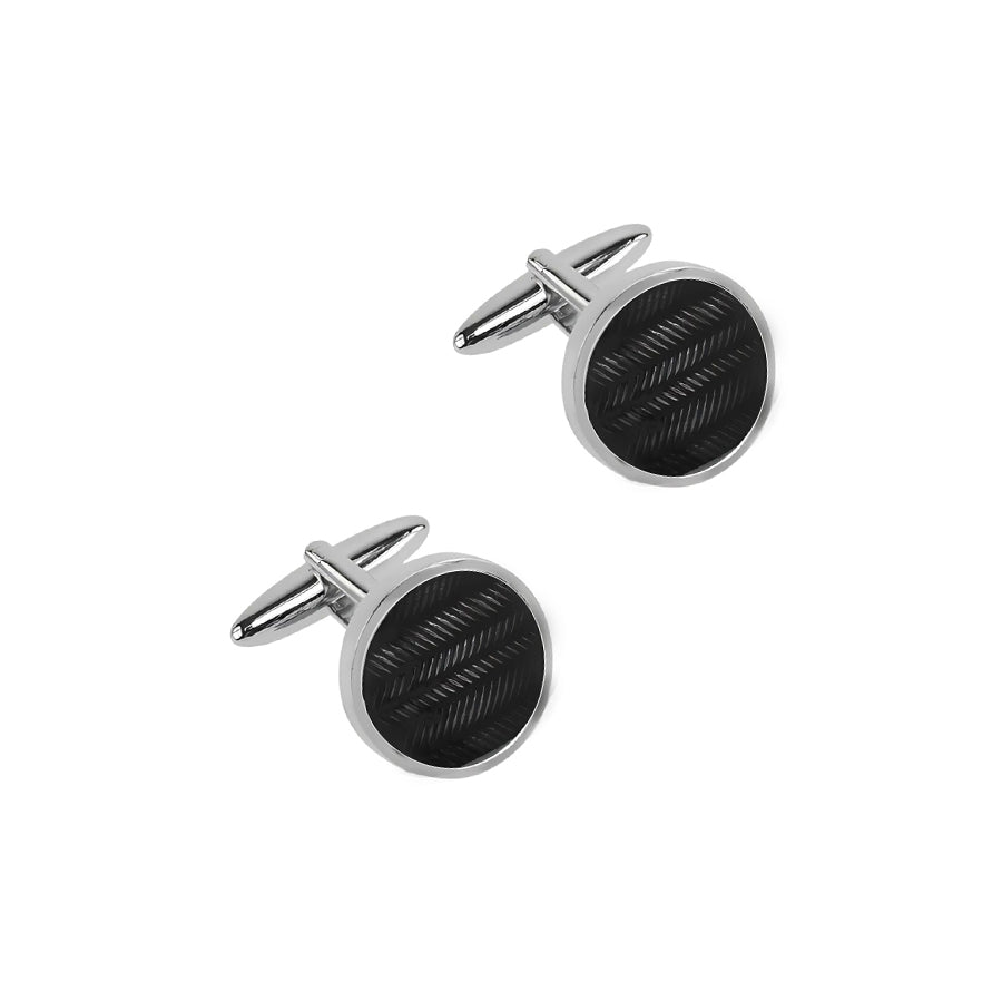 Rhodium Plated Round Graphite Tyre Track Cufflinks