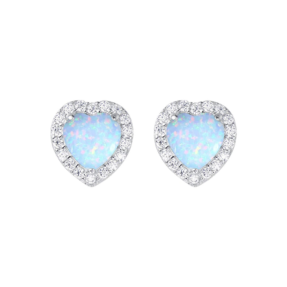Sterling Silver CZ Opal Heart Stud Earrings