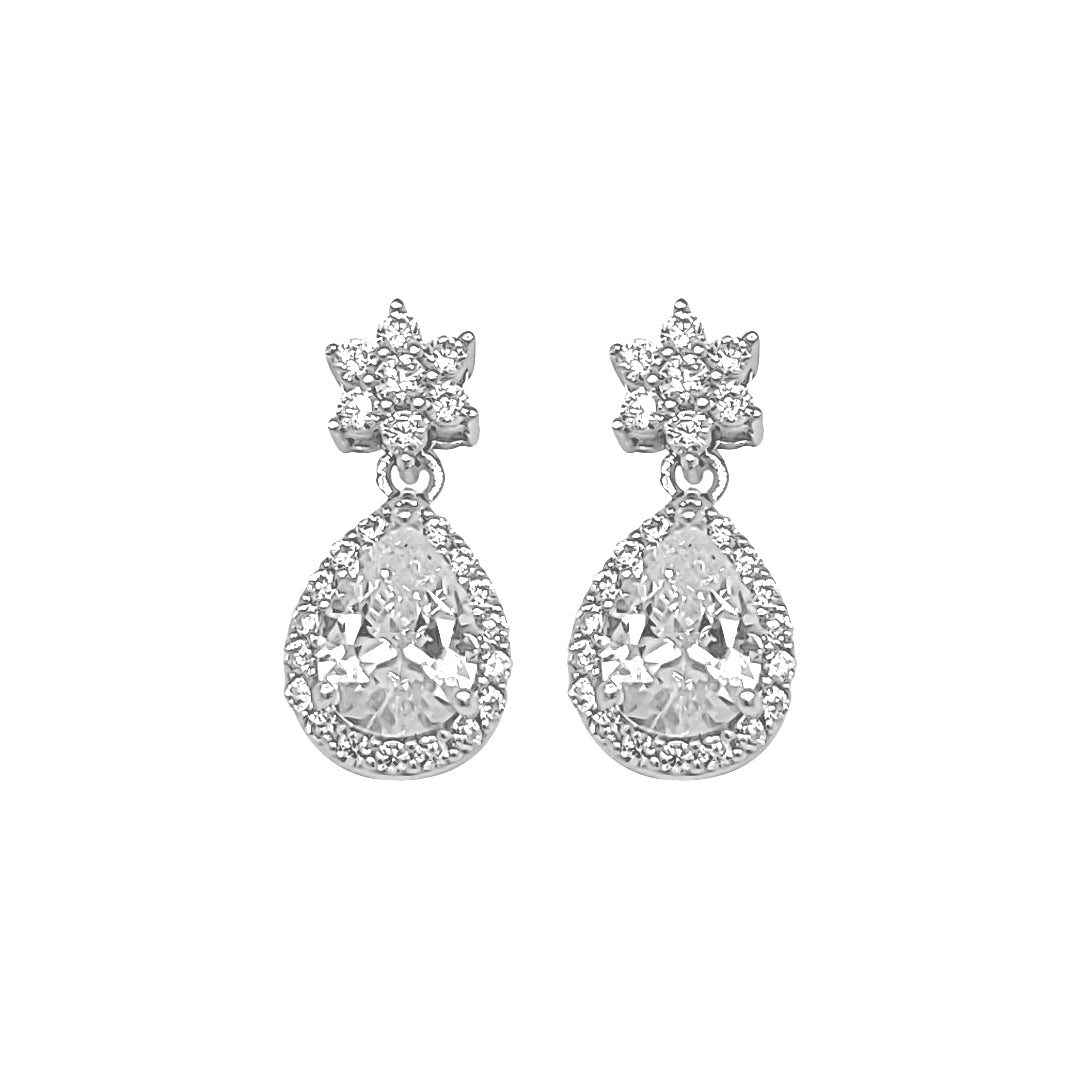 Sterling Silver CZ Pear Halo Drop Earrings