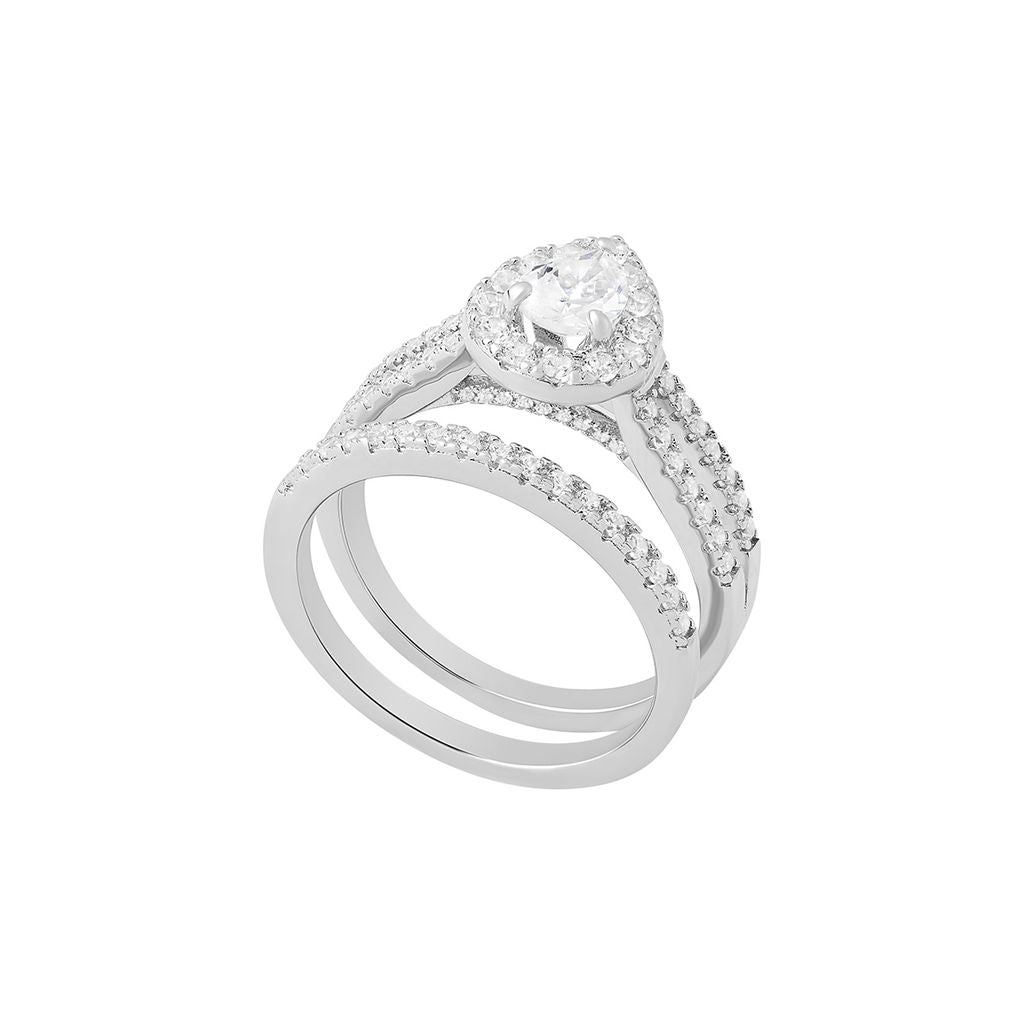 Sterling Silver CZ Pear Halo Split Shoulder Ring Set
