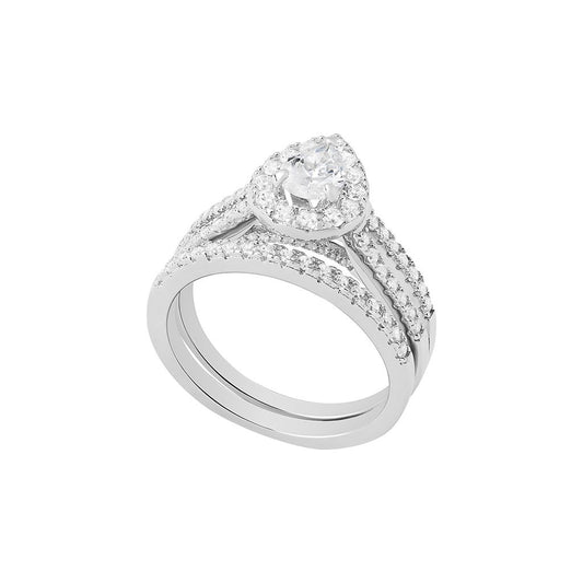 Sterling Silver CZ Pear Halo Split Shoulder Ring Set