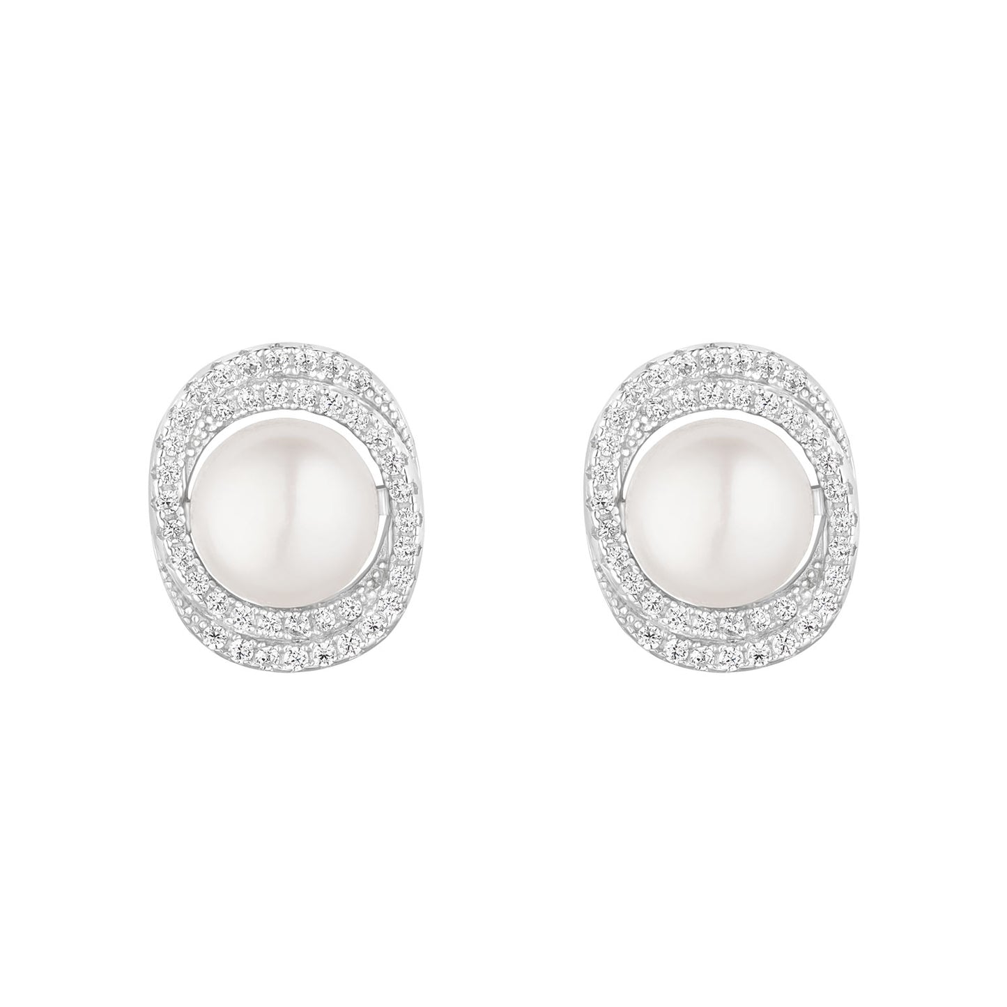 Sterling Silver Freshwater Pearl CZ Double Halo Earrings