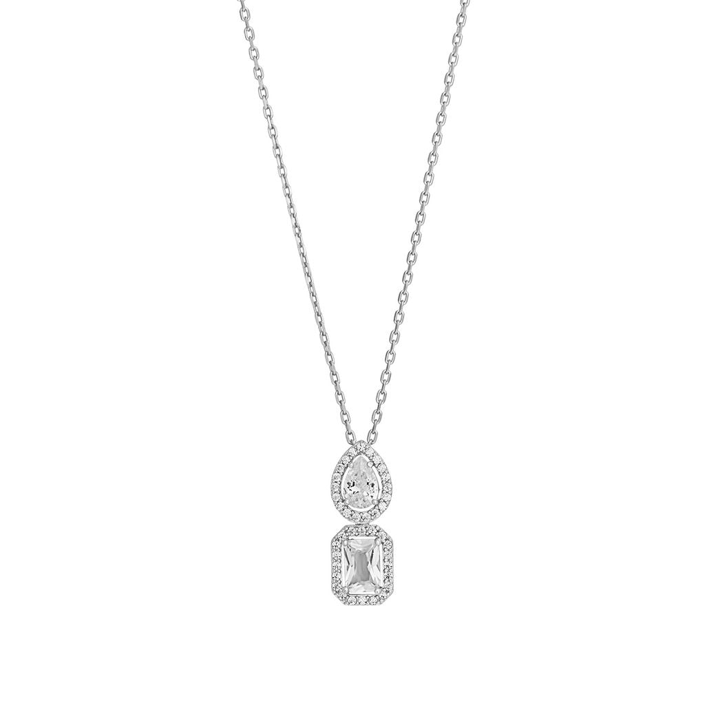 Sterling Silver CZ Pear & Emerald Cut Halo Pendant