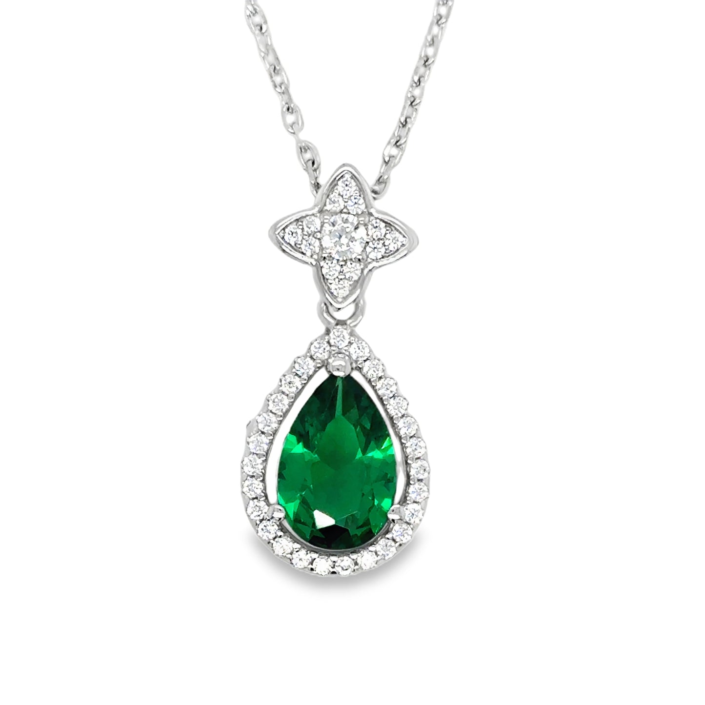 Sterling Silver CZ Gree Pear Halo Drop Pendant