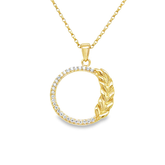 9ct Yellow Gold Open CZ Circle Pendant with Wheat Detail