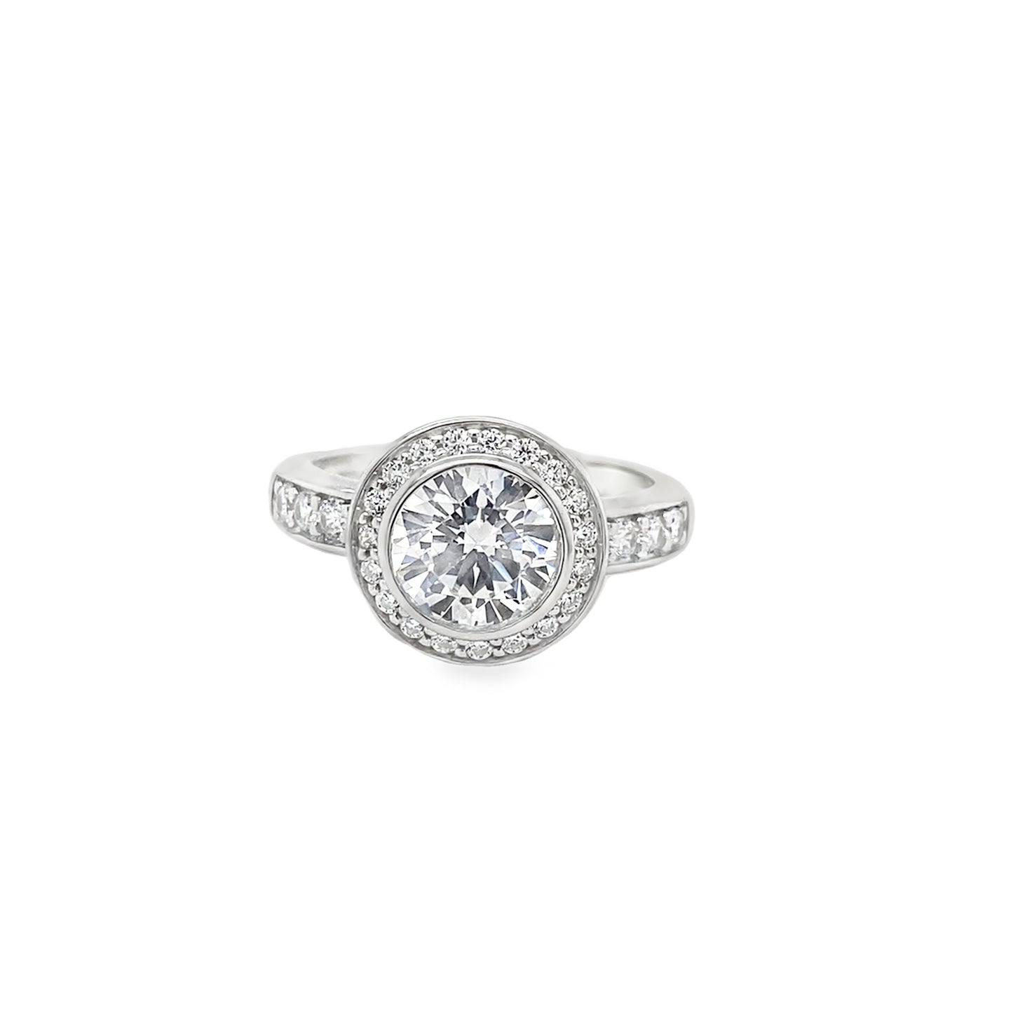 Sterling Silver CZ Round Bezel Set Ring With Halo & Stone Set Shoulders