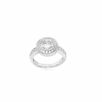 Sterling Silver CZ Round Bezel Set Ring With Halo & Stone Set Shoulders
