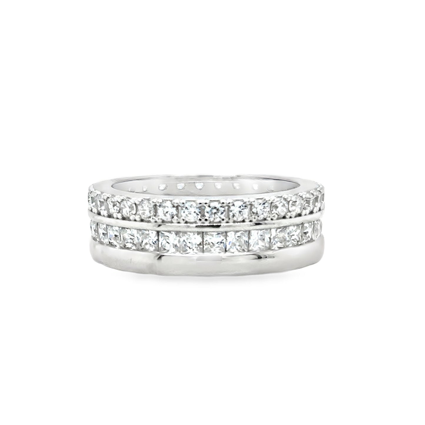 Sterling Silver CZ & Polished 3 Row Band