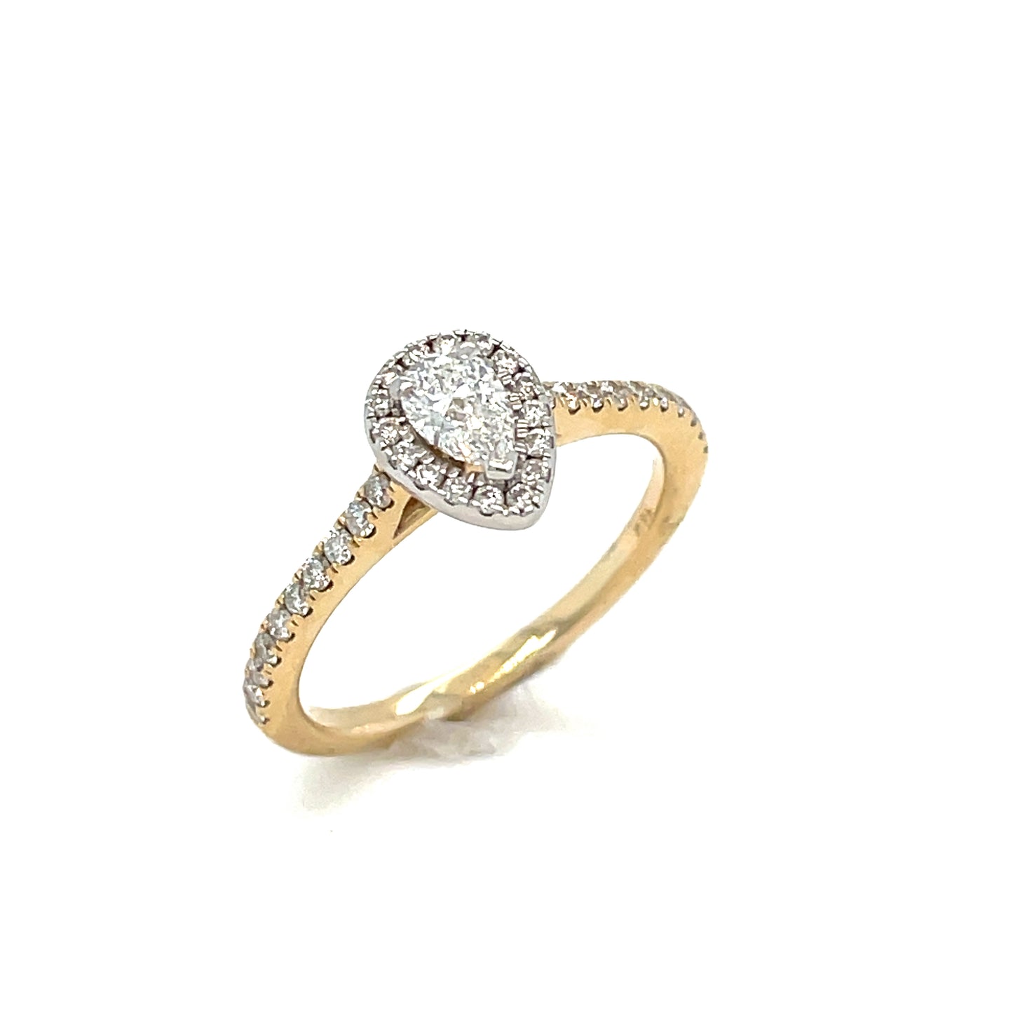 14ct Pear Solitaire Halo Ring With Diamond Set Shoulders .30ct