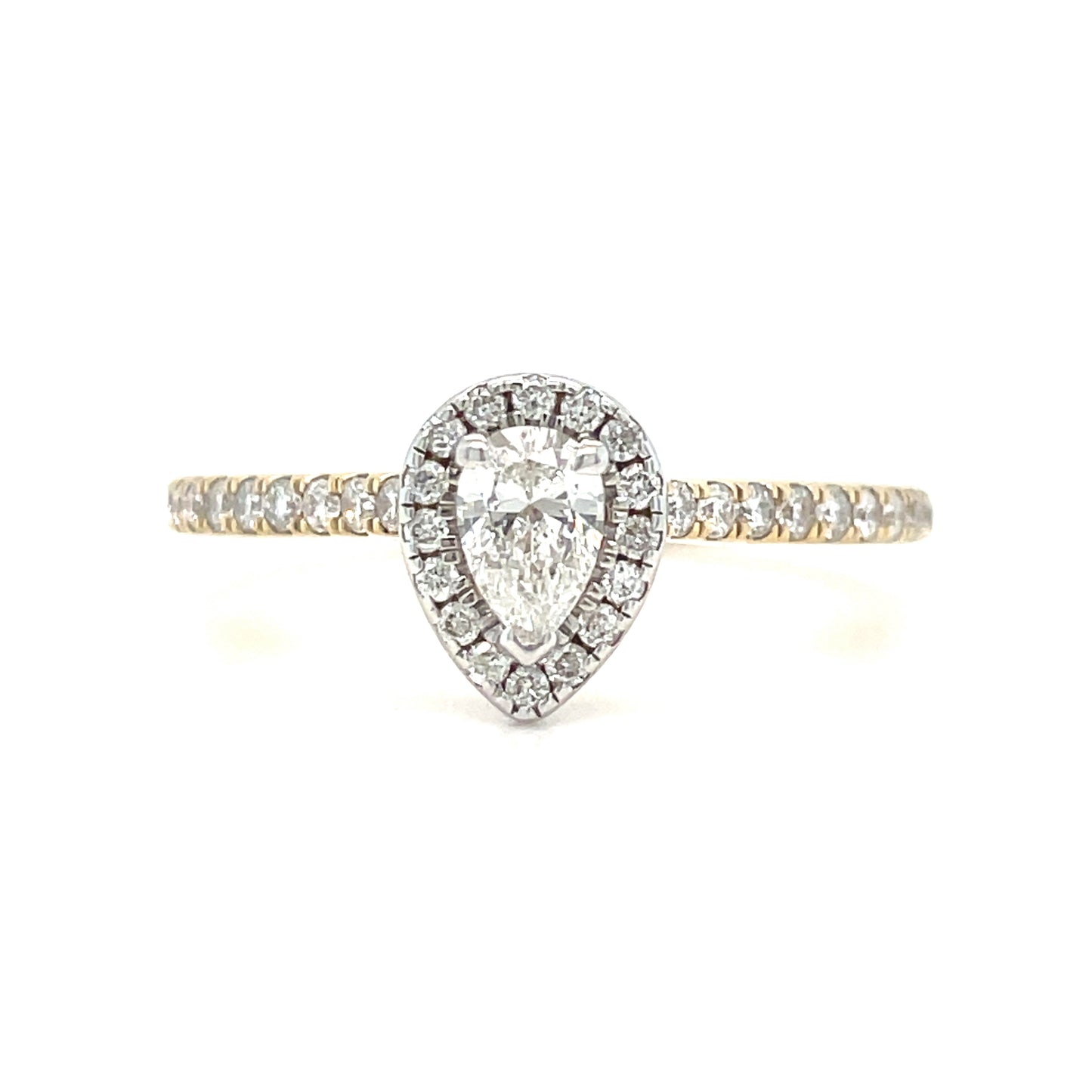 14ct Pear Solitaire Halo Ring With Diamond Set Shoulders .30ct
