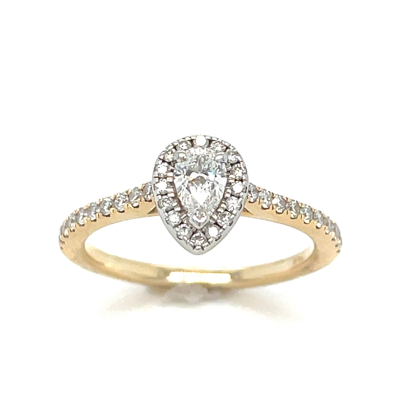 14ct Pear Solitaire Halo Ring With Diamond Set Shoulders .30ct
