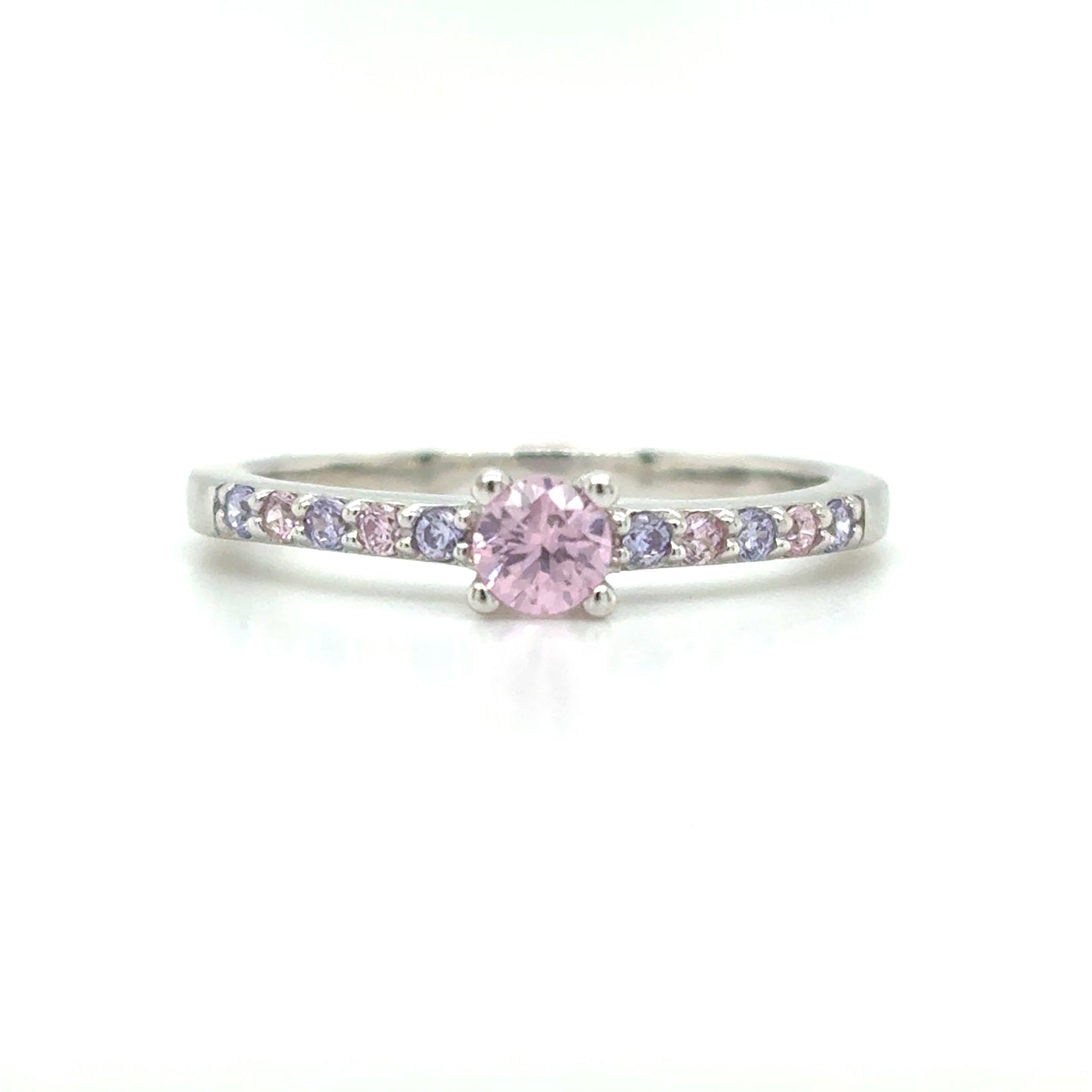Sterling Silver CZ Pink & Purple Solitaire Ring With Shoulders