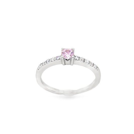 Sterling Silver CZ Pink & Purple Solitaire Ring With Shoulders