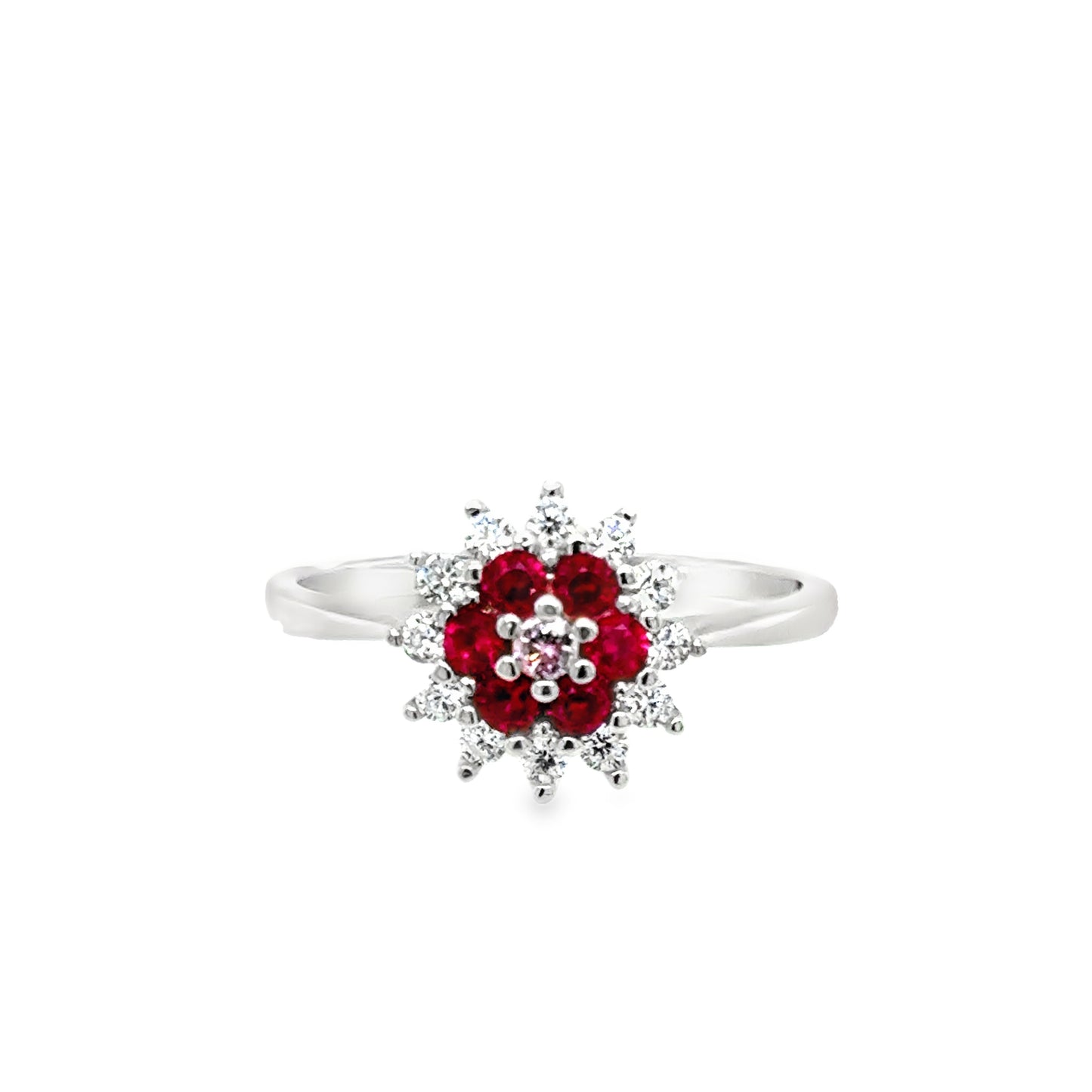 Sterling Silver CZ & RedFlower Cluster Ring