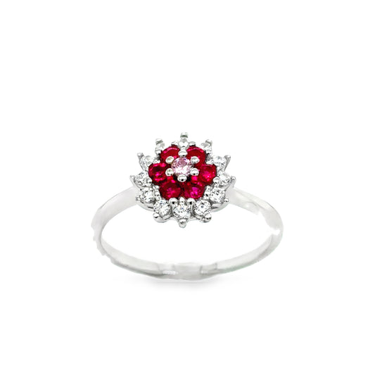 Sterling Silver CZ & RedFlower Cluster Ring