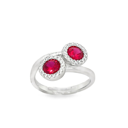 Sterling Silver CZ & Red 2 Stone Twist Ring
