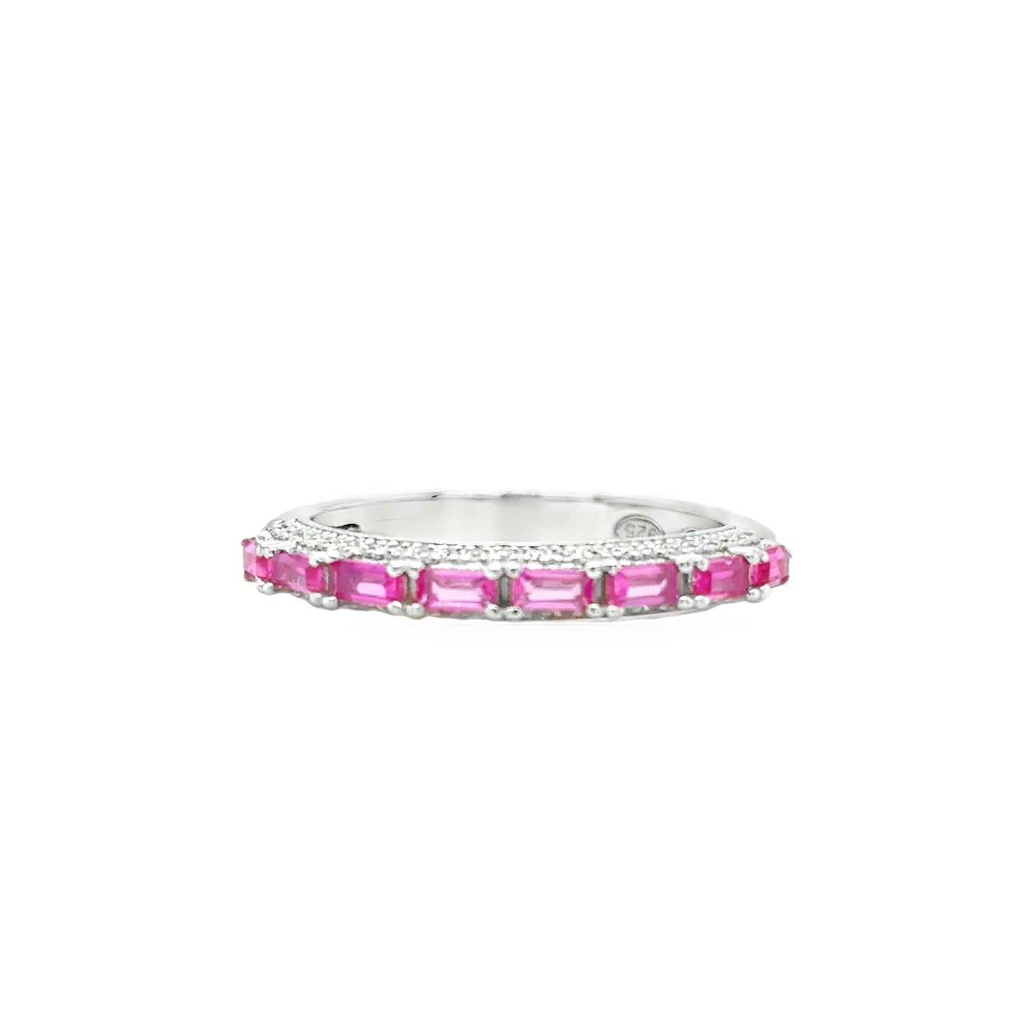 Sterling Silver CZ & Red Baguette Eternity Band